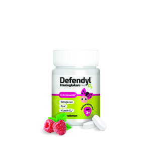 Defendyl Imunoglukan P4H® D3 Junior närimistabletid lastele 3+, IMG® beeta-glükaan, D3-vitamiin ja tsink immuunsuse toetamiseks, vaarikamaitseline