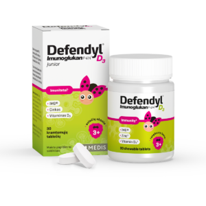 Defendyl Imunoglukan P4H® D3 Junior närimistabletid lastele 3+, IMG® beeta-glükaan, D3-vitamiin ja tsink immuunsuse toetamiseks.